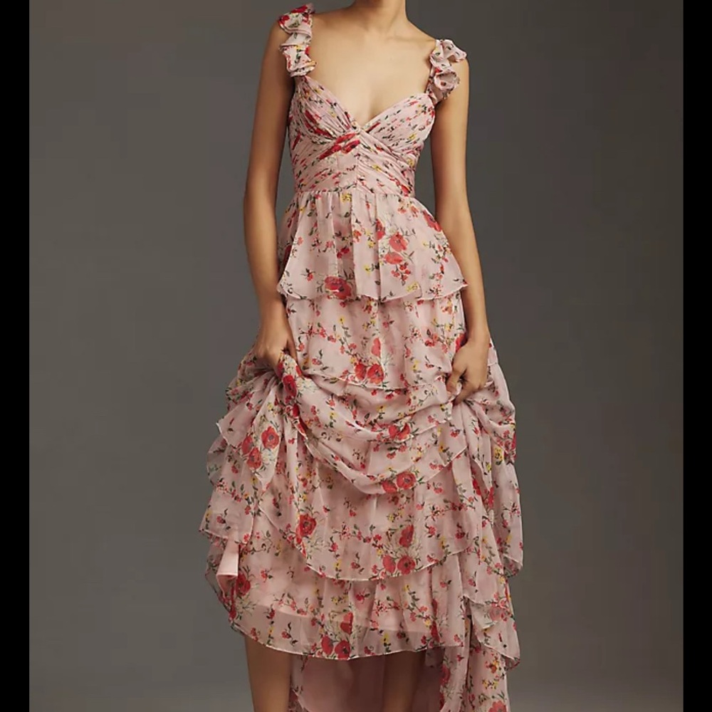 Mac Duggal Pink and Red Asymmetrical Ruffled Maxi Dress